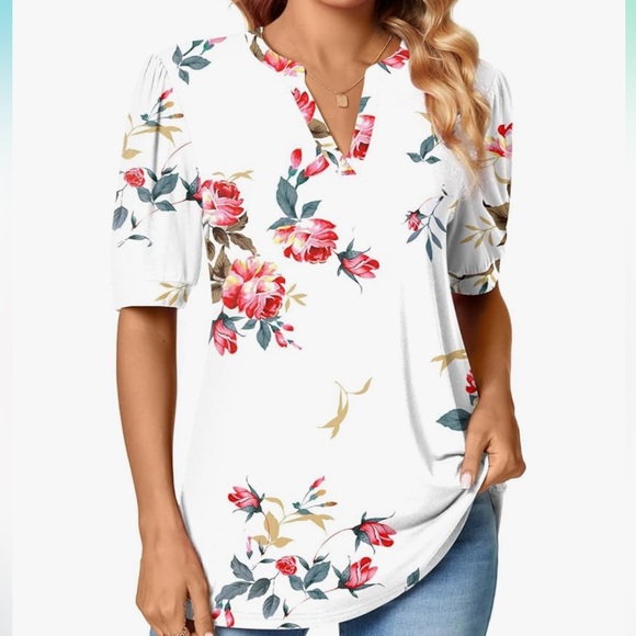 Women’s White Red Floral Short Sleeve Top Size XL NWT - Picture 8 of 9